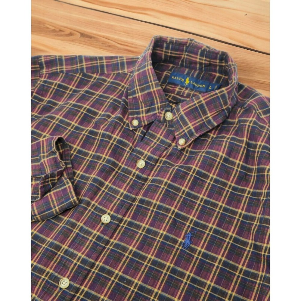 Ralph Lauren Mens Large Brown Plaid Long Sleeve Button Down Cotton Shirt Classic